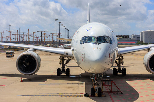 Shanghai, China - 2026 August 11: A China Eastern Airlines Airbus A350-900 displaying the SkyTeam logo parked on the apron at Shanghai Pudong International Airport (PVG).