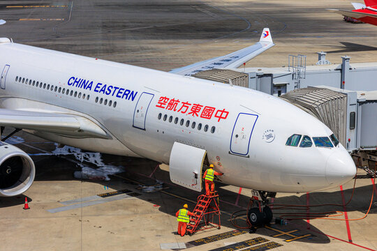Shanghai, China - 2026 August 11: Two ground crew members performing pre-flight checks or maintenance at the front hatch of a China Eastern Airlines Airbus A330 at Shanghai Pudong 