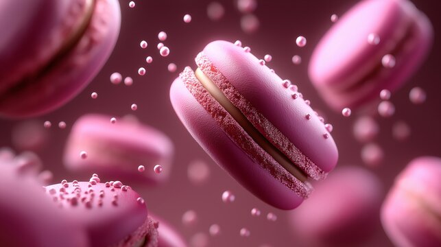 Schwebende rosa und pinke Macarons auf hellrosa Hintergrund mit Zuckerperlen