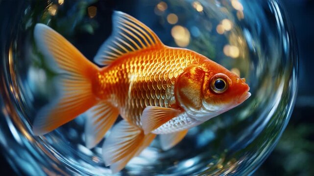 A majestic goldfish gracefully swimming in a shimmering glass bowl, surrounded by colorful aquatic plants and soft, glowing lights creating a serene atmosphere.