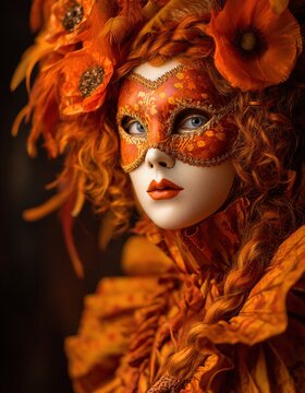 Retrato de una mujer con m?scara y vestimenta tem?tica de llamas y flores.