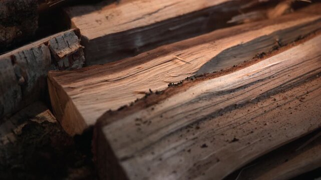 Calm Scene Of Split Seasoned Firewood Arrangement. Well Arranged Dry Split Logs With Warm Muted Tones. Media