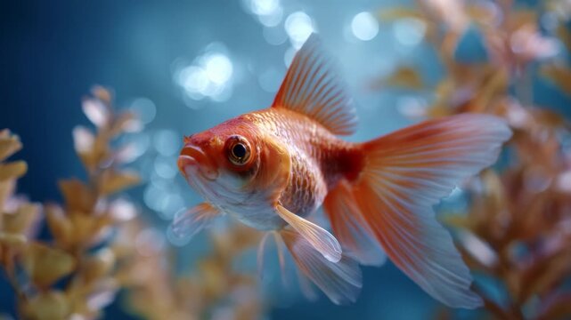 A Vibrant Goldfish Swimming Gracefully Through Aquatic Plants in a Beautiful Underwater Scene, Encased in Bubbles and Glowing Light for a Captivating View