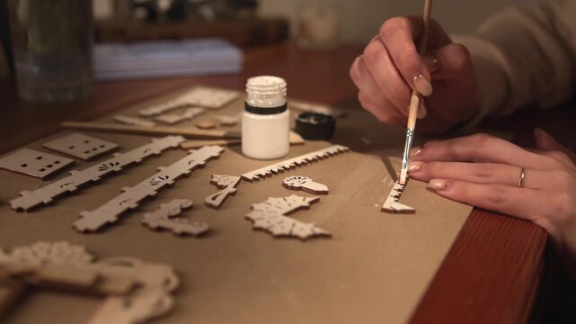 Artist Detail Work. Focused Artisan Precisely Applying Paint To Ornamental Trim In Cozy Studio Setting. Media