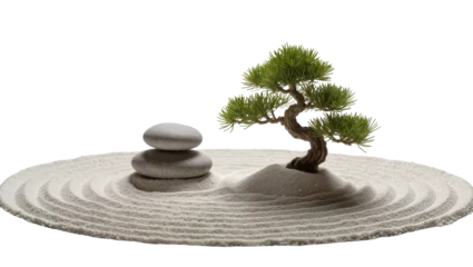 Fototapeten Bonsai Serene miniature Japanese Zen garden with vibrant bonsai tree and stacked grey stones on raked sand, isolated PNG, symbolizing peace and balance  © Oisin