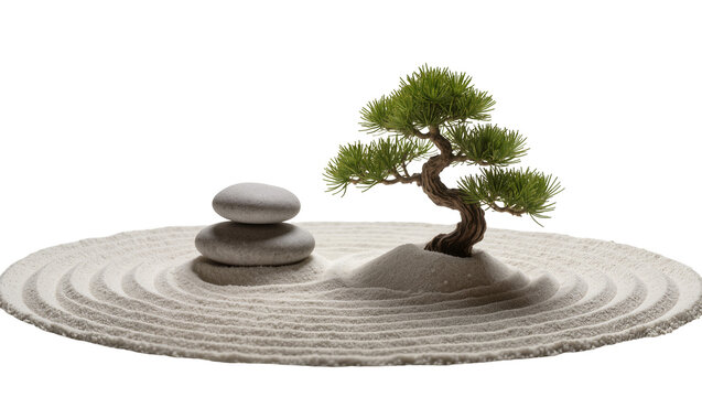 Serene miniature Japanese Zen garden with vibrant bonsai tree and stacked grey stones on raked sand, isolated PNG, symbolizing peace and balance