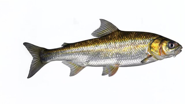 Freshwater fish specimen isolated on white background highlighting body, fins, and scales for study and illustration.