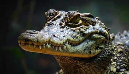 Obraz premium Close-up portrait of a caimans head with detailed scales and teeth.