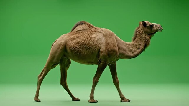 Camel walking against green screen