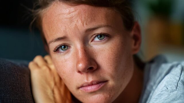 A woman with a contemplative expression gazes thoughtfully, showcasing emotions of introspection and vulnerability in a cozy indoor setting.