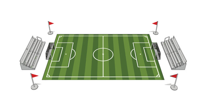 An elevated view shows a 3D rendered soccer field with two bleacher sections and eight red flags on a white background.