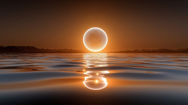 Leuchtender Sonnenring spiegelt sich dramatisch auf dunkler glatter Wasseroberfl&auml;che