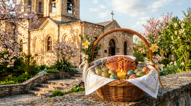 Traditional Easter basket with bread and decorated eggs in front of a church. Religious holiday celebration with spring flowers and candle. Orthodox Easter customs
