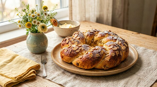 Wreath shaped Easter bread with almonds and powdered sugar. Festive holiday pastry on a wooden table with spring flowers. Traditional sweet bread for brunch