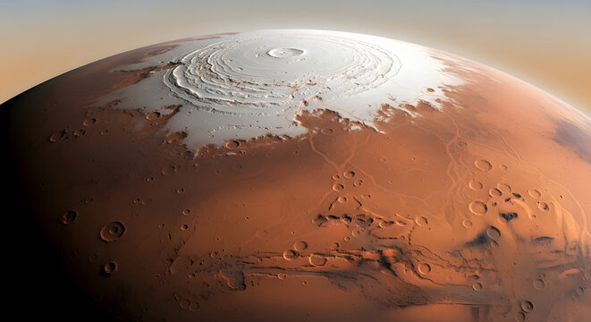 Mars Polar Ice Cap with Cratered Landscape