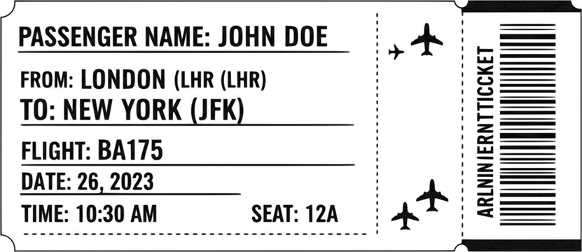 Airline ticket. Coupon for flight fly travel. Paper plane design. Realistic invitation card. Travel Layout template. Vector illustration isolated.
