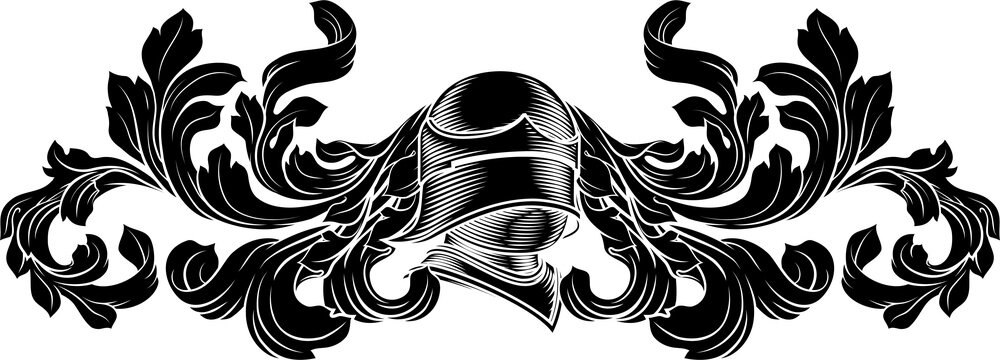 Coat of arms crest knight family medieval shield heraldry heraldic armorial motif. Featuring a knights helm helmet in a vintage etching engraving woodcut style 
