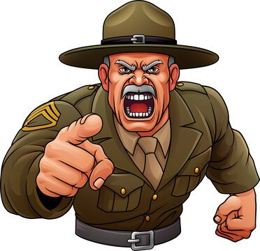 An angry drill instructor or sergeant bootcamp army soldier cartoon character 
