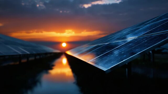 Breathtaking Sunset Over Solar Panels with Reflective Water, Illuminating the Sustainable Energy Landscape, as Nature and Technology Harmoniously Coexist