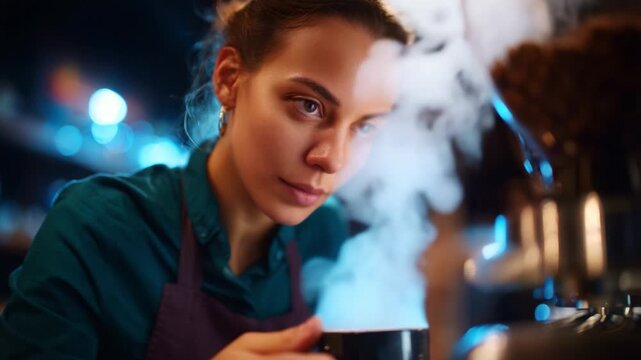 A barista carefully observes the steaming coffee cup, capturing the essence of brewing artistry and the rich aromas that fill the air in a cozy caf&eacute; atmosphere.