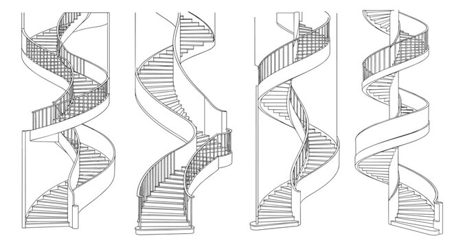 Various architectural line art sketches of elegant spiral staircases showing different designs and perspectives for home building.