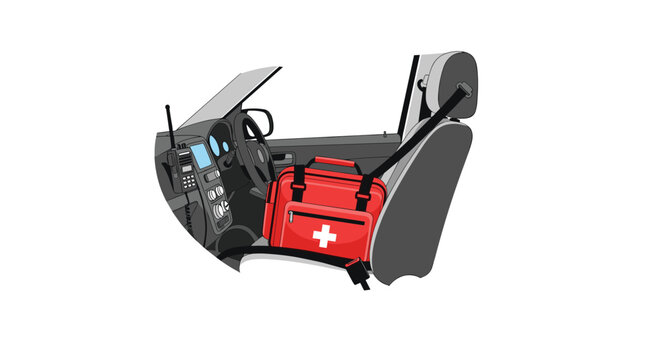 A red first aid kit is secured by a seatbelt on the passenger seat inside a car with the dashboard visible.
