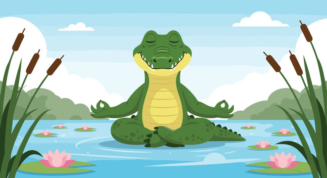 Peaceful cartoon crocodile meditating in a lotus position in the middle of a calm swamp filled with blooming pink water lilies.