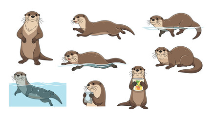 Fototapeta premium Collection of cute cartoon otter characters in various poses like swimming, standing, and holding objects in a flat design style.