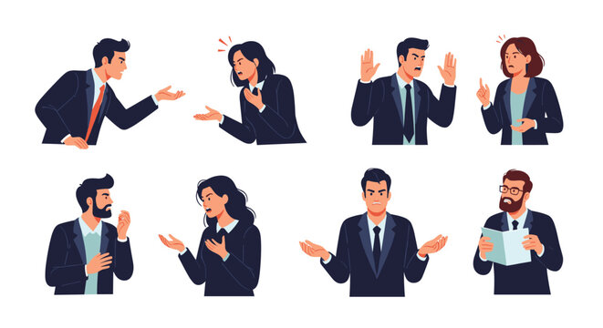 Diverse collection of business people in suits expressing various emotions like anger, frustration, and confusion through gestures.