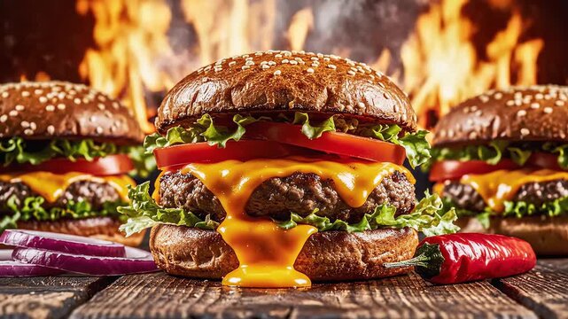 Three cheeseburgers with flames in background