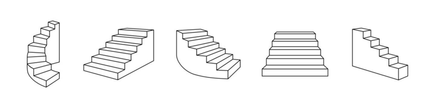 Set of 5 minimal outline staircase icons. Clean vector line art of various stairs in isometric view.