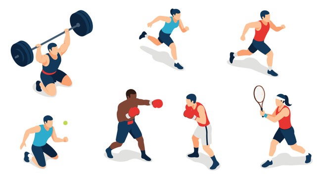 Isometric set of various athletes performing different sports activities including weightlifting, running, boxing, and tennis.