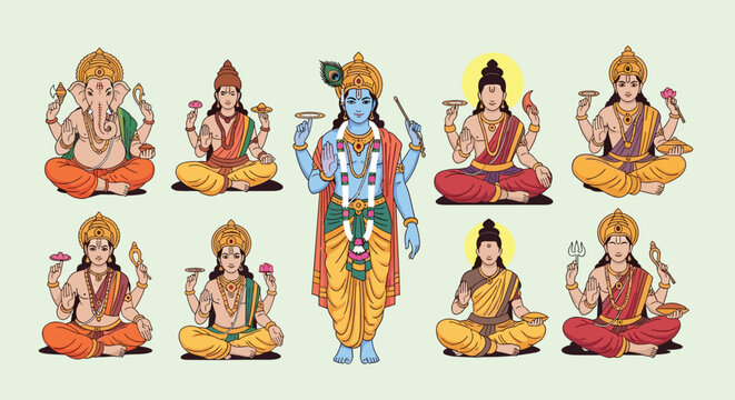 Traditional illustrations of multiple Hindu gods and goddesses seated in meditative poses with their unique symbols and attributes.