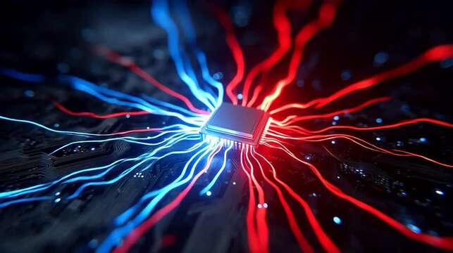 Microchip with glowing red and blue lines