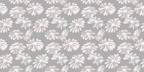 Fototapeta premium Seamless floral pattern with hand drawn daisy flowers in soft pastel pink on a neutral gray background. Minimal sketch style repeat ideal for textiles, wallpaper, wrapping paper, modern surface design