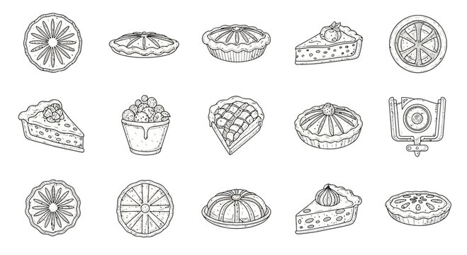Variety of pies and desserts icons.