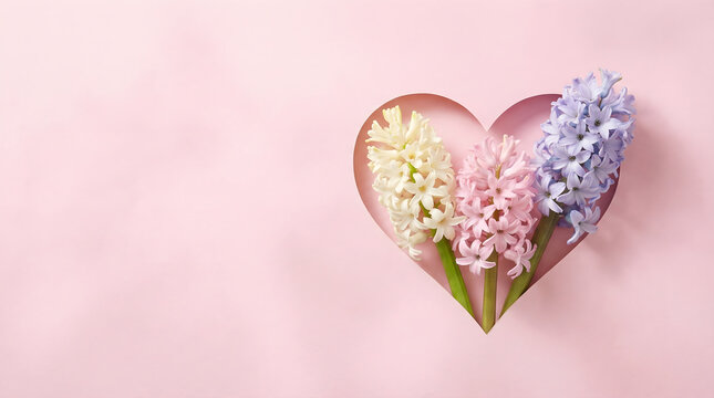 Three colorful hyacinth flowers displayed inside a heart shaped cutout on a solid soft pink pastel background studio lighting minimalist style