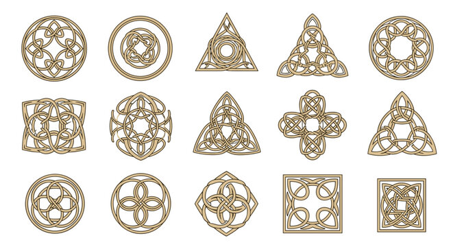 Various intricate celtic knot patterns and symbols in different shapes like circles, triangles, and squares for cultural and artistic designs.