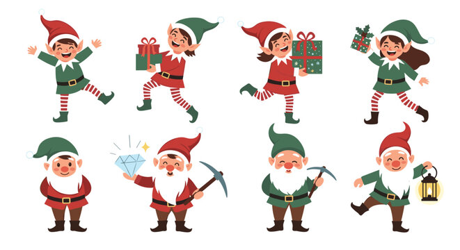 Cheerful collection of Christmas elves and gnomes carrying gift boxes mining diamonds with pickaxes and holding lanterns in a flat vector design.