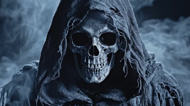 Skull in hooded robe with smoke