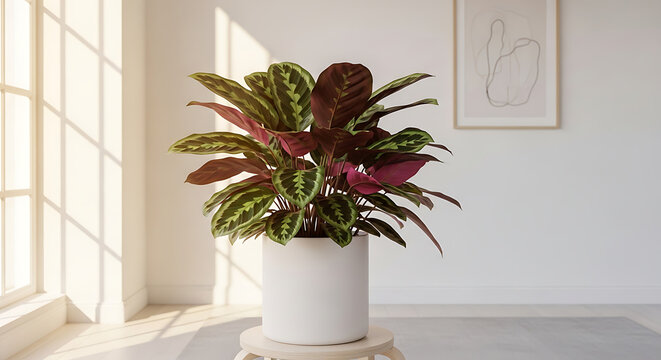 Calathea medallion plant with variegated green and dark purple leaves in a simple white ceramic pot