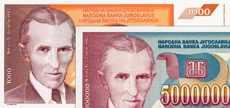1000 Dinara Yugoslavia banknote 1990 with portrait of Nikola Tesla. Vintage money of Yugoslavia. Hyperinflation