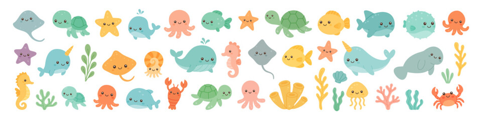Set of sea animals, corals, and plants in kawaii style. Adorable underwater characters for marine designs © Lifeking