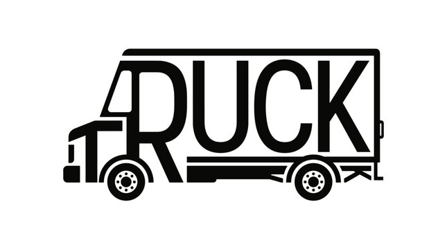 Minimalist vector calligram of the word "TRUCK" forming a delivery truck