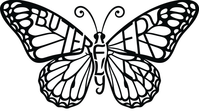 Black vector calligram butterfly word art illustration