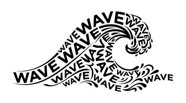 Minimalist black vector calligram of the word WAVE forming an ocean wave