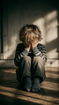 Sad child sitting alone at home.	
