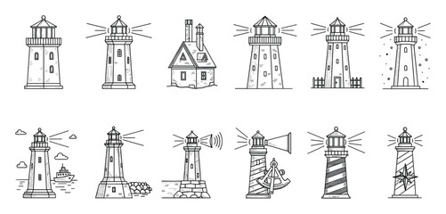 Fototapeta premium Collection of outlined nautical lighthouses in various shapes and styles providing guidance and safety for ships at sea, suitable for maritime themed graphic projects and educational