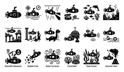 Obraz premium Versatile submarine exploration symbols portraying deep sea adventures, scientific research, historical discoveries, marine ecosystems, and mysterious underwater phenomena for educational