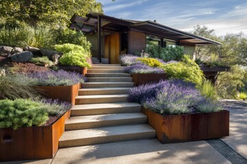 Fototapeta premium The entrance of a contemporary house features beautifully designed garden steps surrounded by vibrant plants, all basking in the warm sunlight near lush, green trees